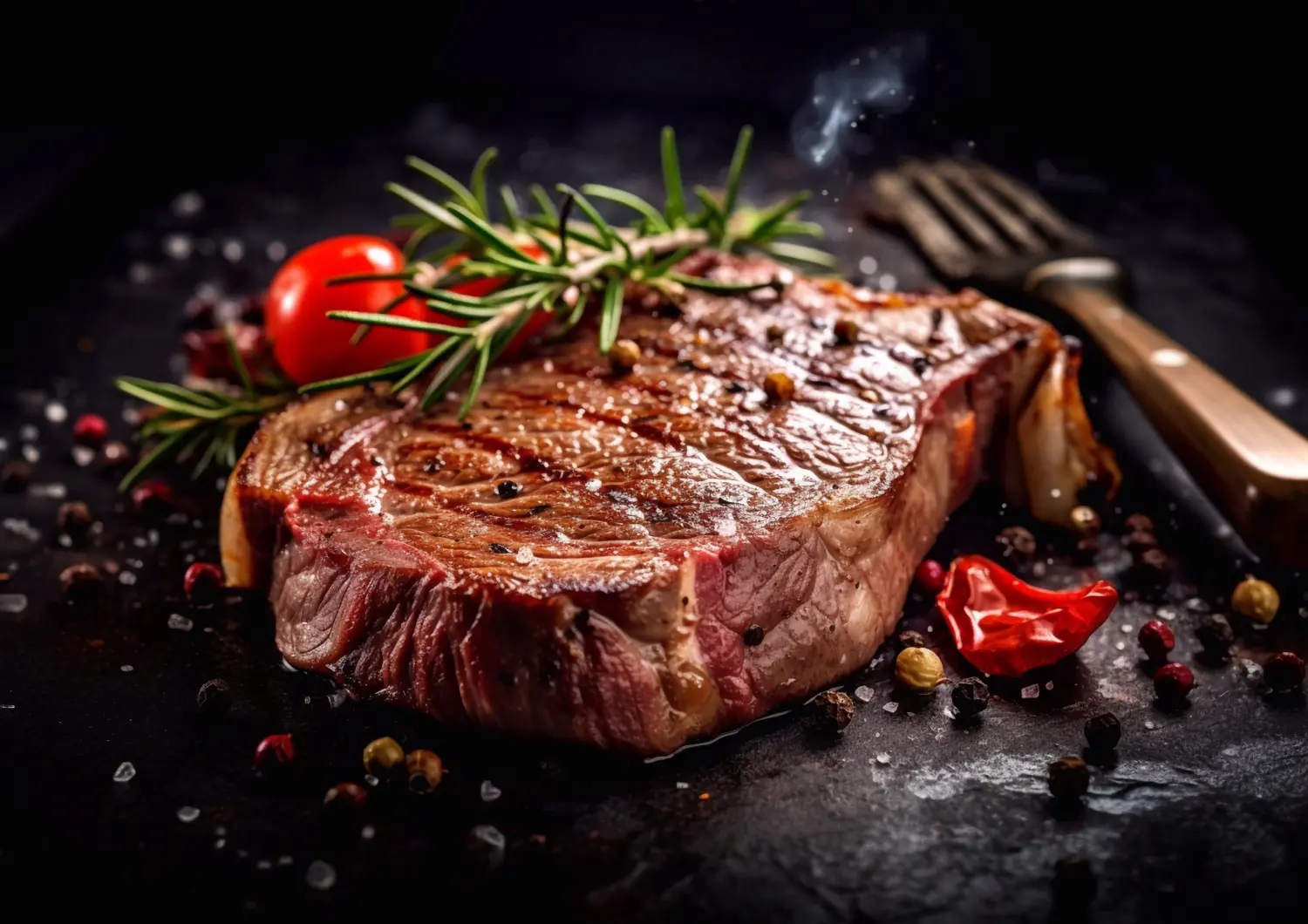 Tomahawk gegrilltes Rindersteak mit Rosmarin und Tomaten auf Schwarz